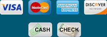 VISA, Master Card, American Express, Discover Network, cash, Check